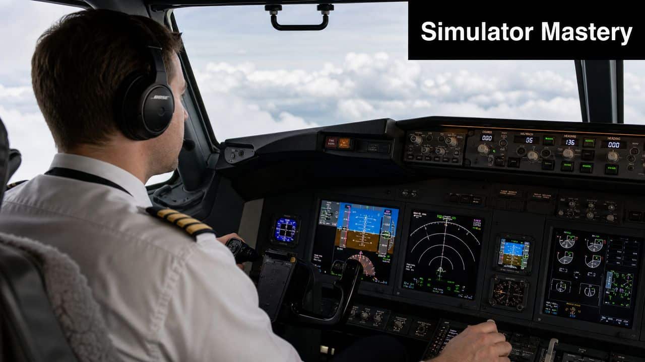 Instrument Approach Procedures: A Pilot's Guide for 2026 4 A professional pilot flying a modern aircraft simulator while wearing a headset and viewing flight displays.