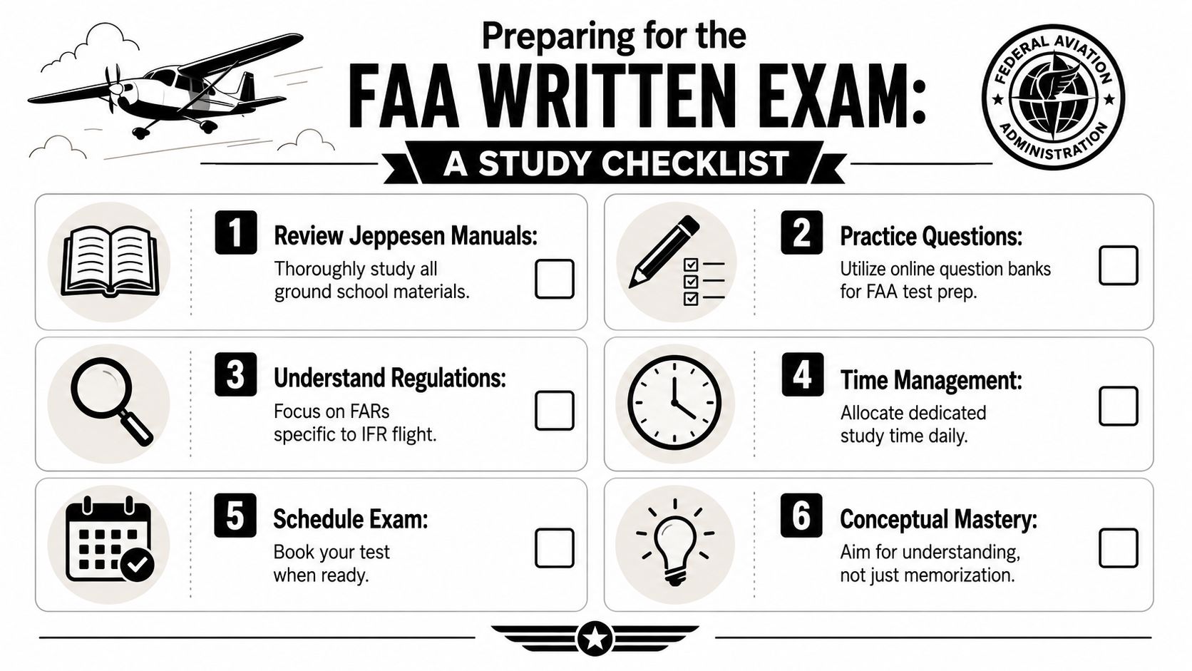 Excel in Instrument Rating Ground School: 2026 Prep 5 A structured checklist for pilots preparing for their FAA written exam, featuring six key study steps.