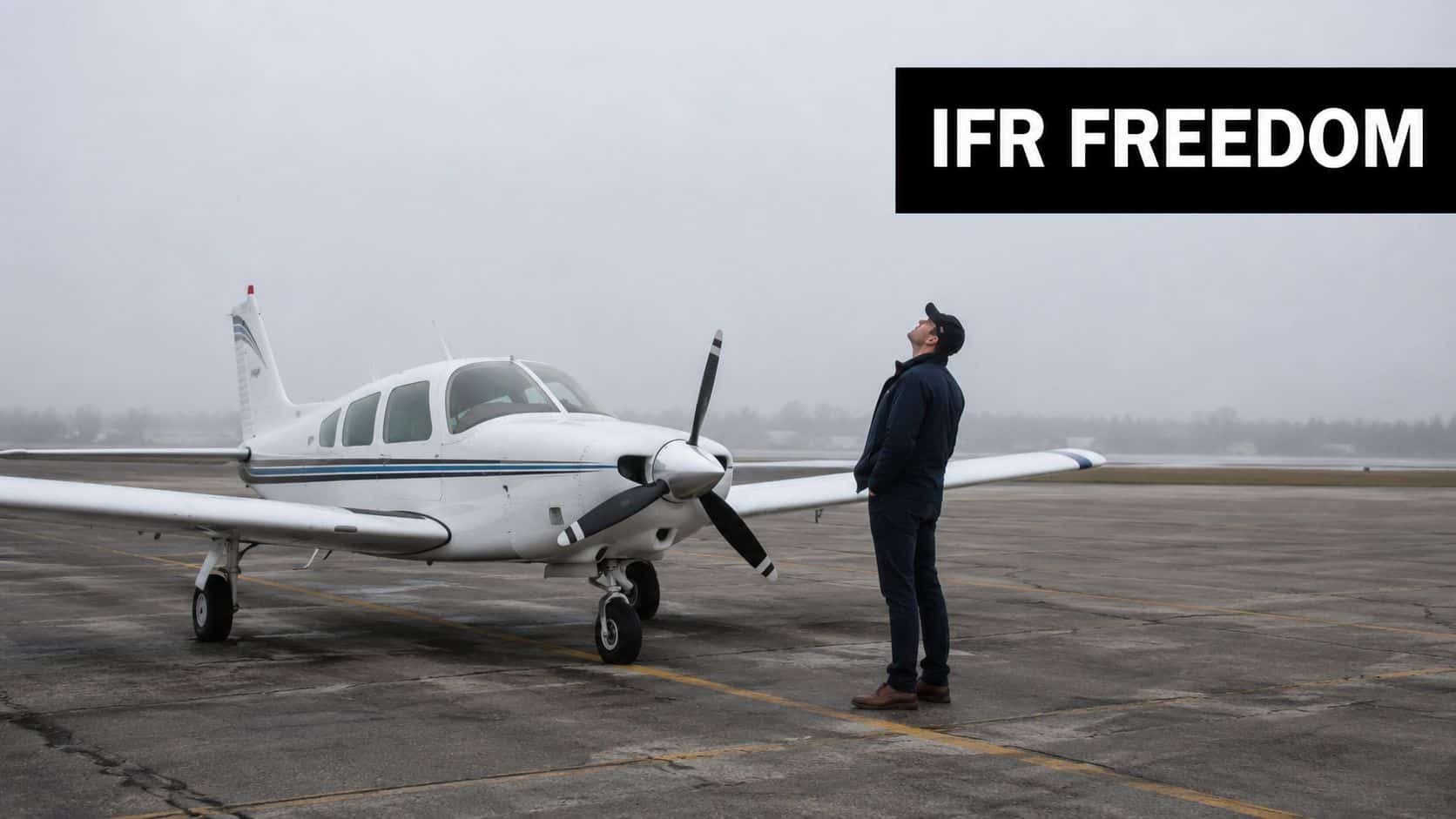 Excel in Instrument Rating Ground School: 2026 Prep 2 A pilot standing on a concrete tarmac looking up at the overcast sky next to a plane.