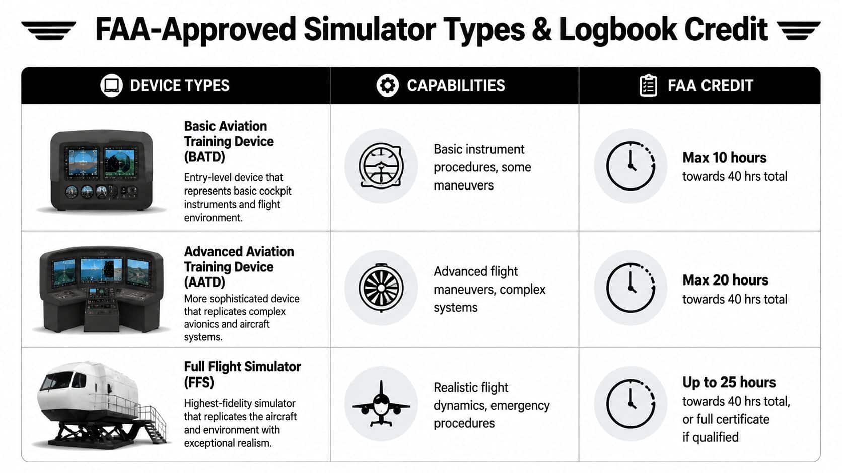 Instrument Rating Simulator: A Pilot's Ultimate Guide 3 A chart comparing FAA-approved flight simulator types, their capabilities, and the logbook credit hours permitted.