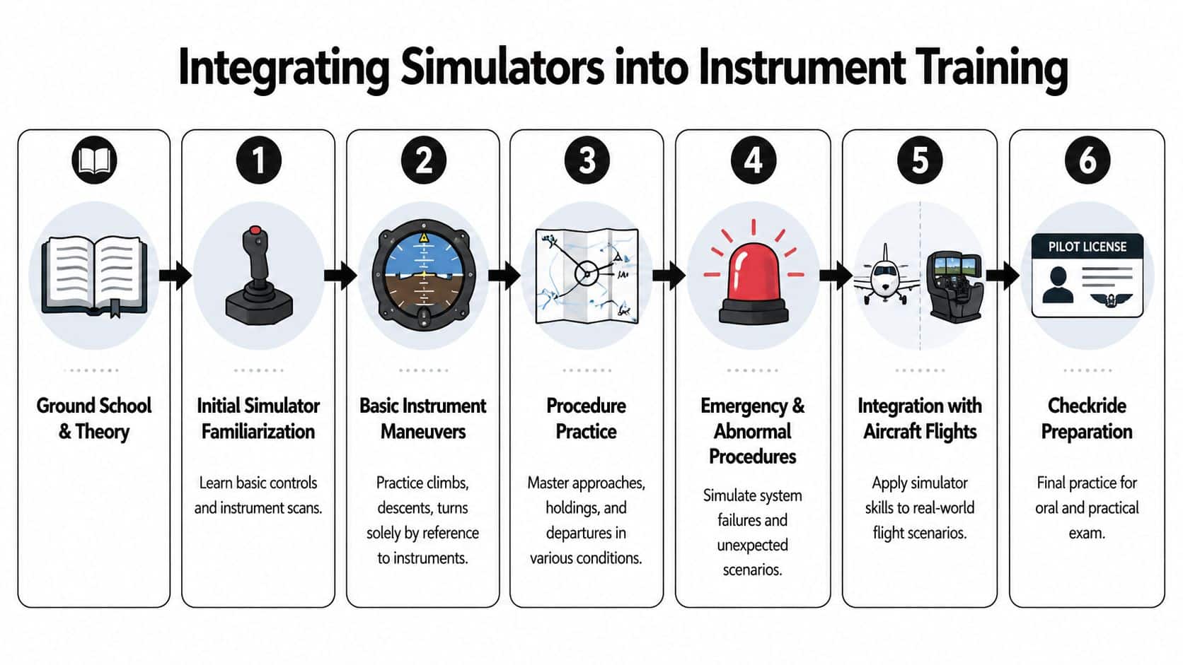 Instrument Rating Simulator: A Pilot's Ultimate Guide 4 A six-step infographic illustrating the structured process of integrating flight simulators into pilot instrument training programs.