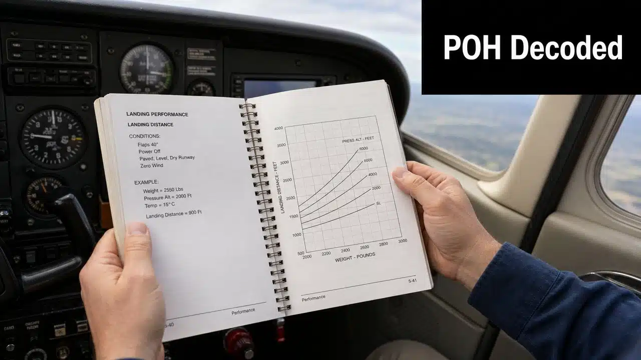 Landing Distance Calculation: A Pilot's Practical Guide 2 A pilot holding a flight manual open to a landing performance chart while sitting in a cockpit.