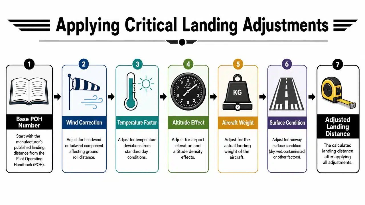 Landing Distance Calculation: A Pilot's Practical Guide 3 A seven-step infographic illustrating the critical process for calculating adjusted aircraft landing distances in aviation.