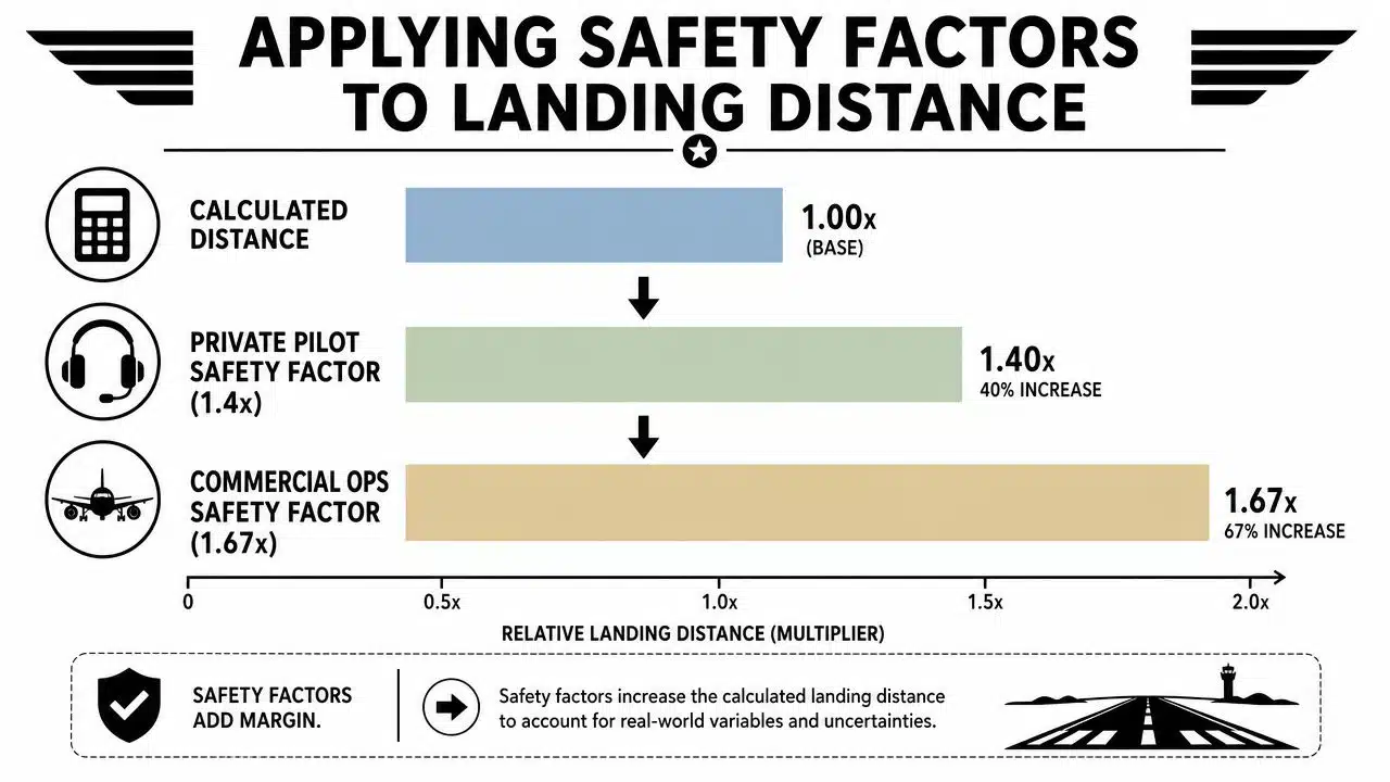 Landing Distance Calculation: A Pilot's Practical Guide 5 A chart illustrating safety factor multipliers applied to aircraft landing distance for private and commercial aviation operations.