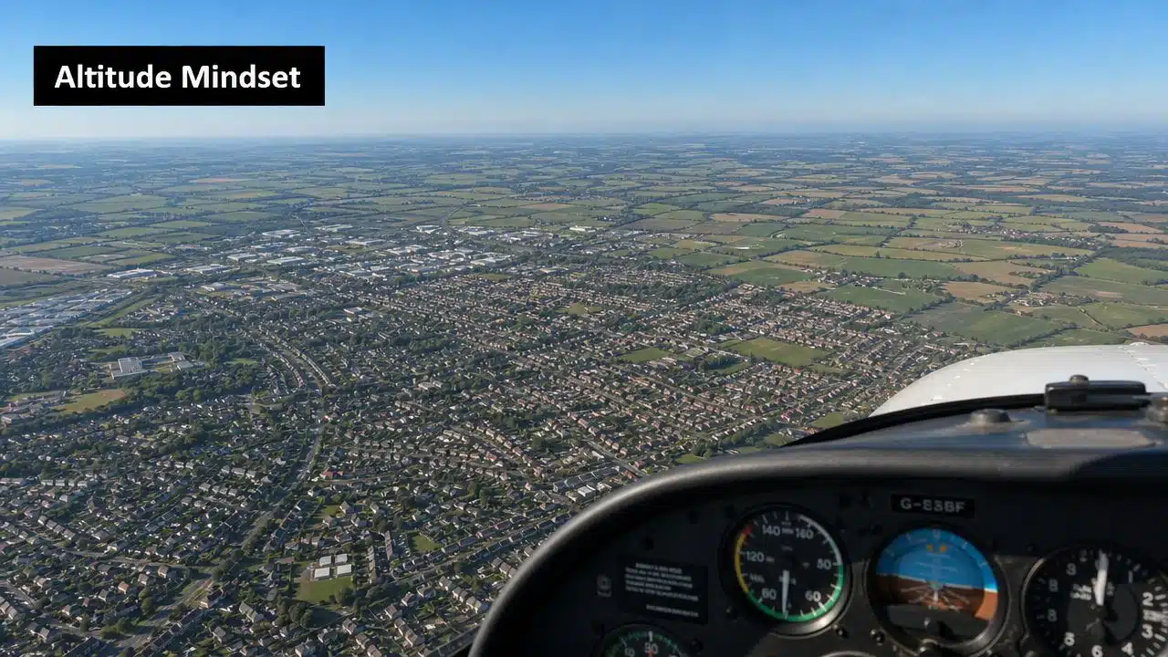 Minimum Safe Altitude: Pilot's Guide to Regulations & Charts 2 A view from the cockpit of a light aircraft looking over a sprawling residential area.