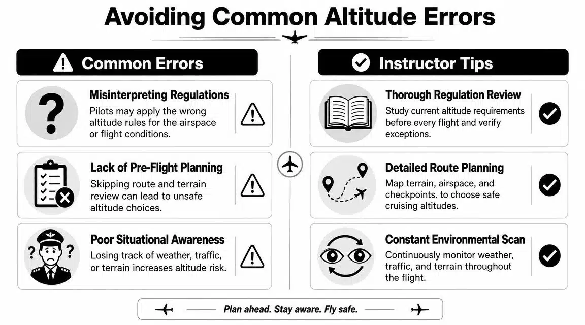 Minimum Safe Altitude: Pilot's Guide to Regulations & Charts 5 An infographic titled Avoiding Common Altitude Errors illustrating pilot mistakes and instructor tips for flight safety.