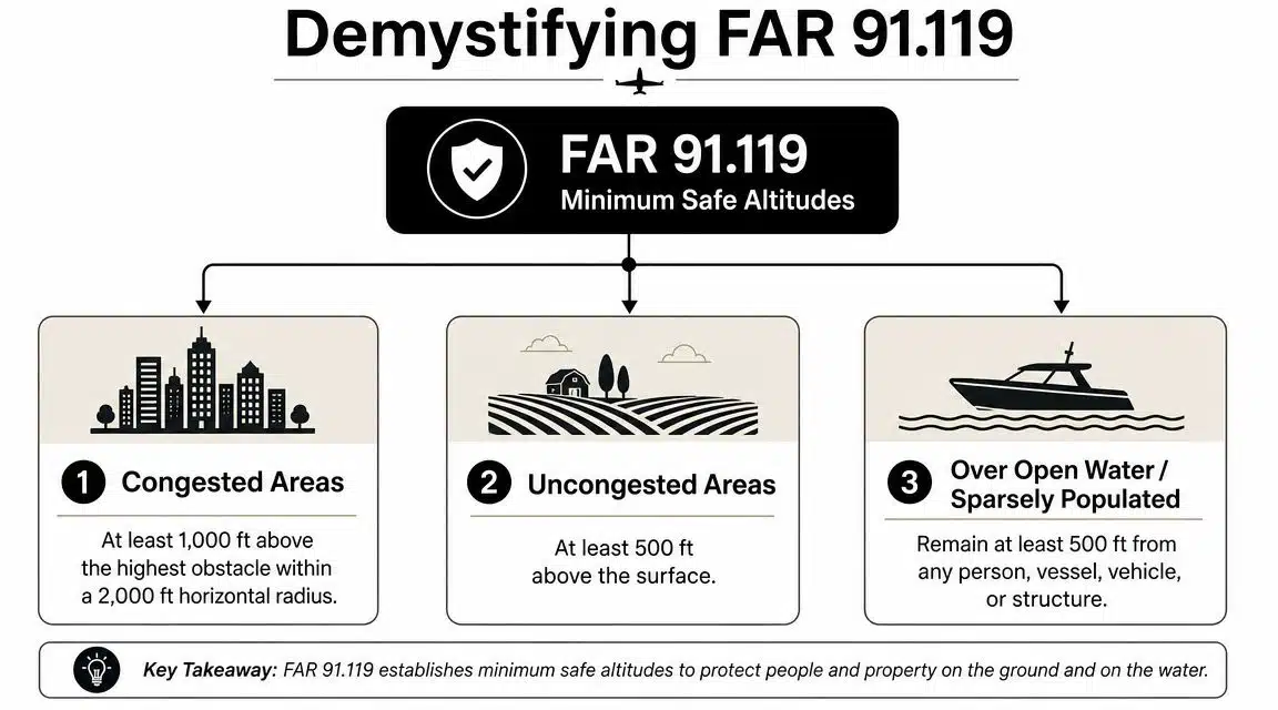 Minimum Safe Altitude: Pilot's Guide to Regulations & Charts 3 An infographic titled Demystifying FAR 91.119 showing minimum safe altitude requirements for different geographic areas.