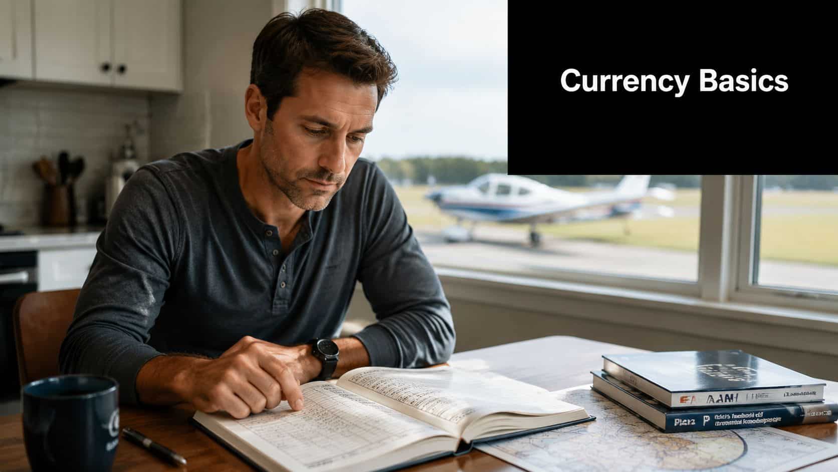 Pilot Currency Requirements a Pilot's Complete Guide 2026 2 A pilot sits at a desk studying flight logs while looking out at a parked airplane.