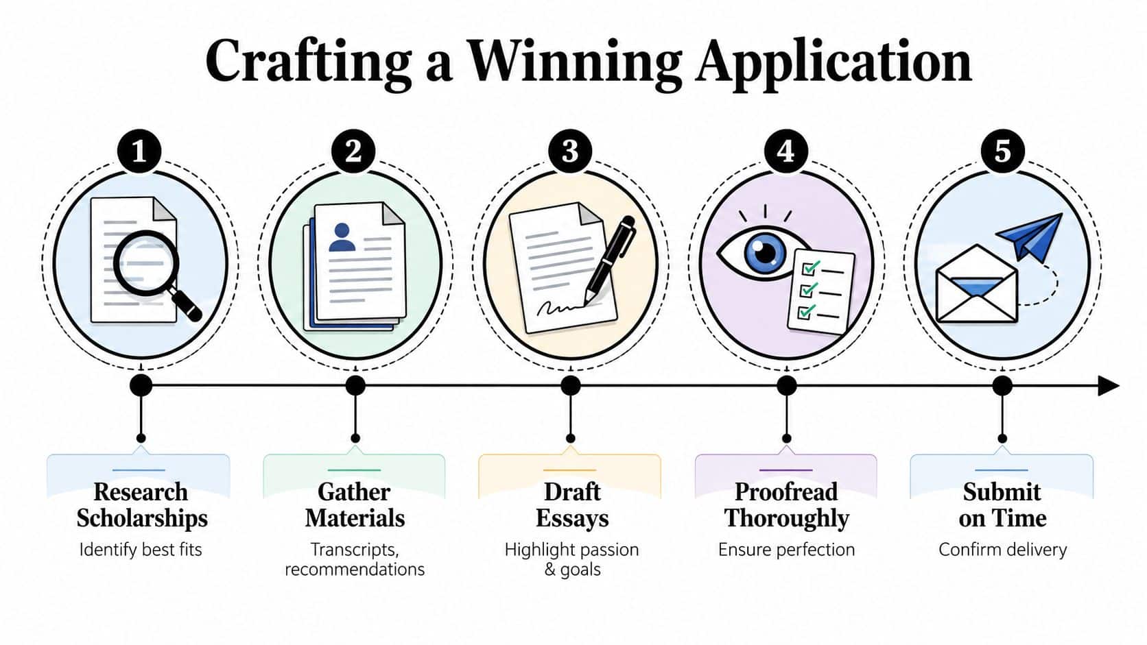 Your Private Pilot License Scholarship Guide for 2026 3 A five-step infographic showing the process for crafting a winning scholarship application in chronological order.