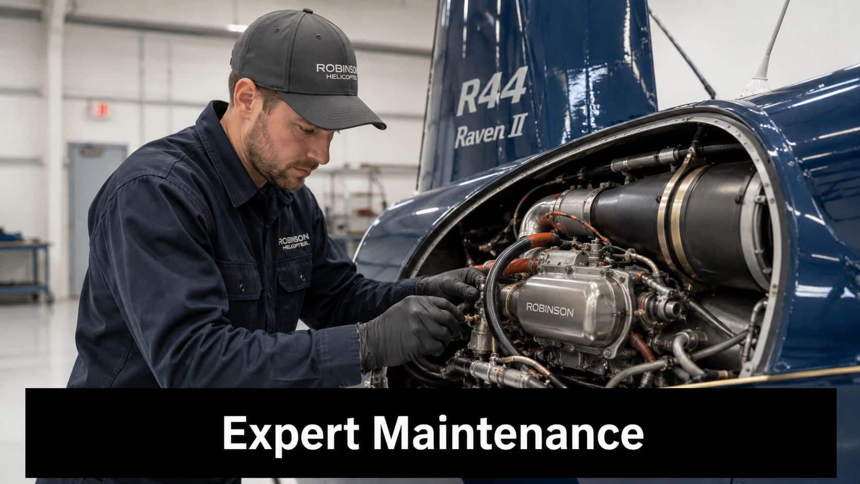 Robinson Helicopter Maintenance: A Pilot's Guide to Costs 4 A professional mechanic wearing Robinson Helicopter attire performs maintenance on a Robinson R44 Raven II helicopter engine.