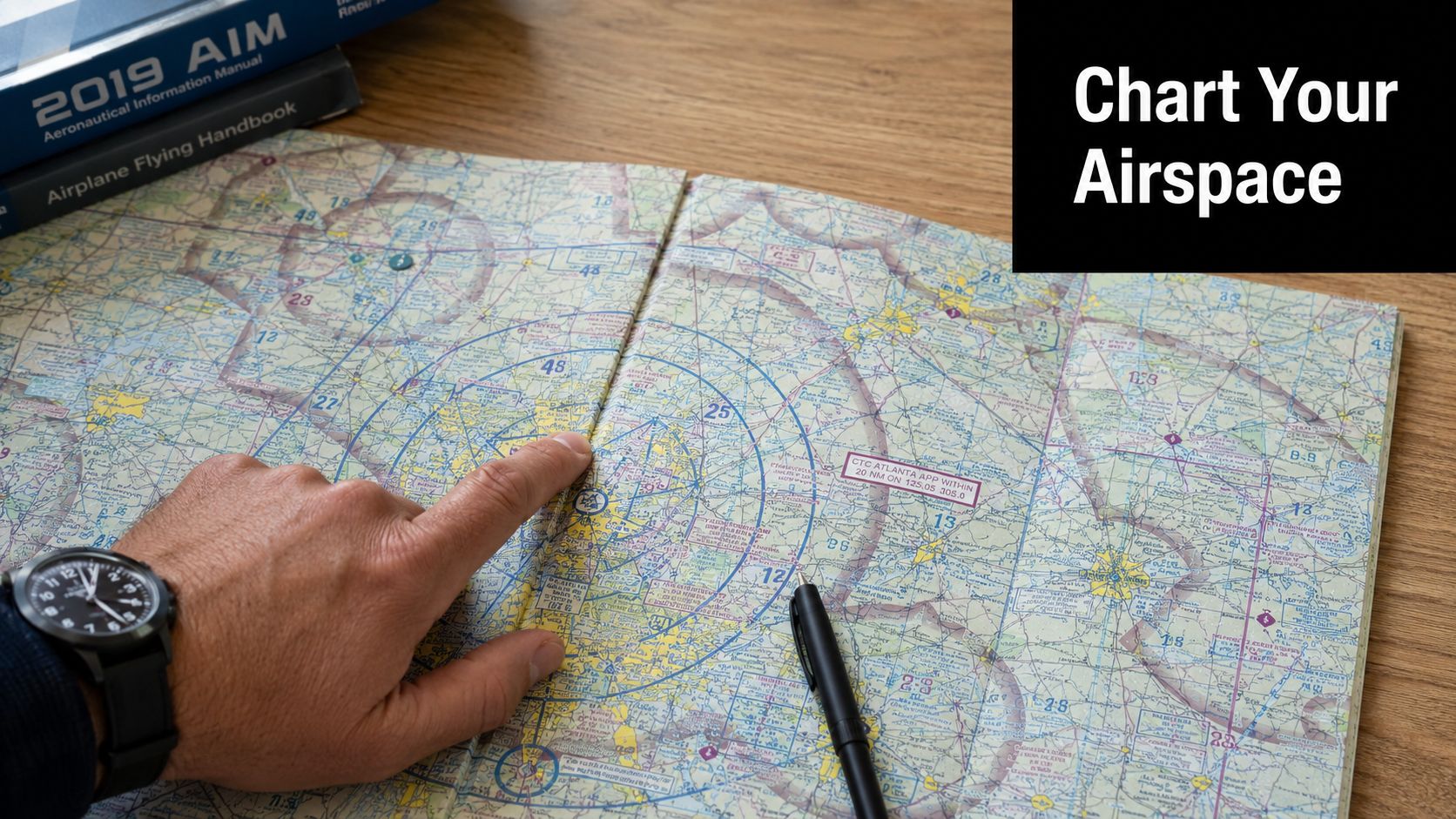 A Pilot's Guide to Special Use Airspace 3 A pilot pointing at a navigation chart on a table with an aviation watch on his wrist.