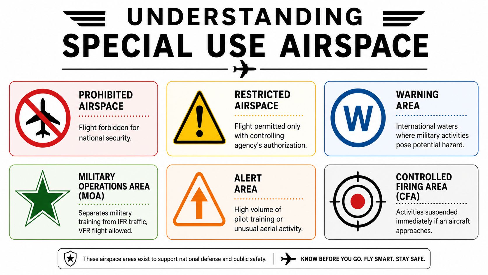 A Pilot's Guide to Special Use Airspace 2 An infographic explaining different types of special use airspace including prohibited, restricted, warning, and alert areas.