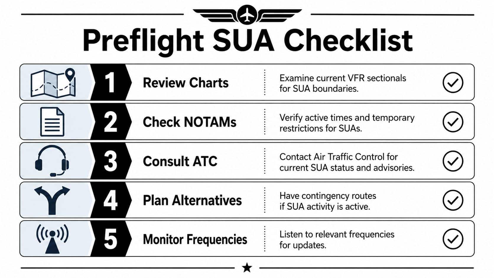 A Pilot's Guide to Special Use Airspace 5 A five-step preflight checklist for pilots to safely navigate through or around special use airspace.
