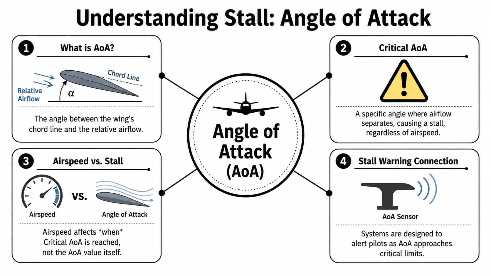 Aircraft Stall Warning Systems: Your Essential Guide 2 An infographic explaining aerodynamic stall, the definition of angle of attack, and aircraft stall warning systems.