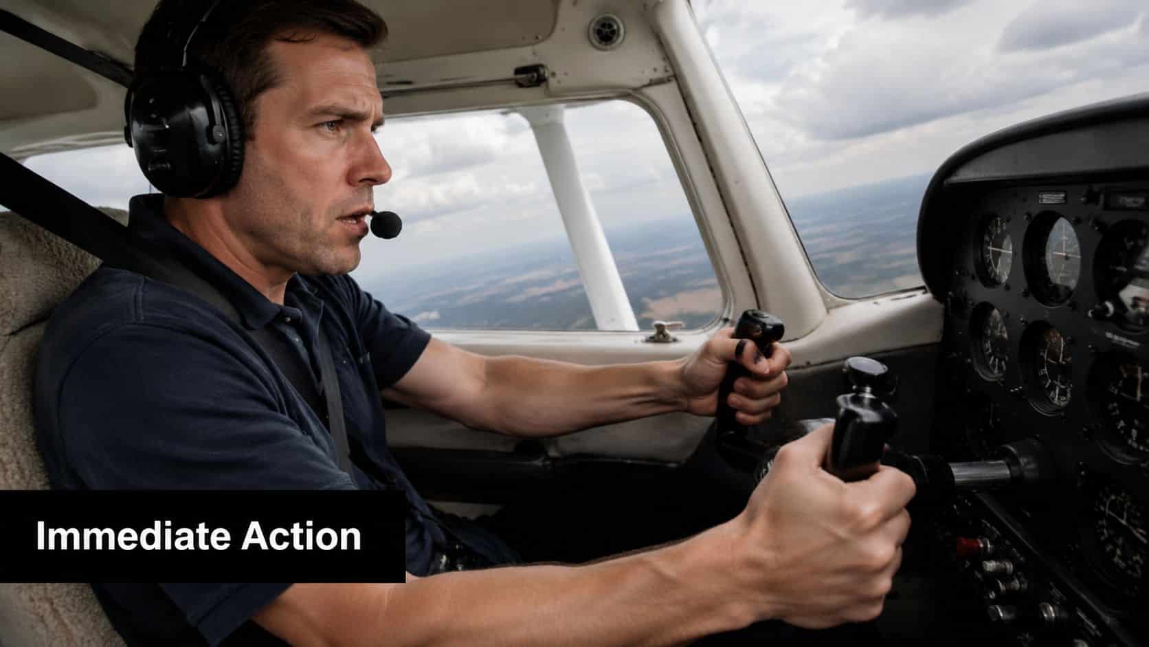 Aircraft Stall Warning Systems: Your Essential Guide 5 A focused pilot wearing a headset manages the flight controls inside a small airplane cockpit during flight.
