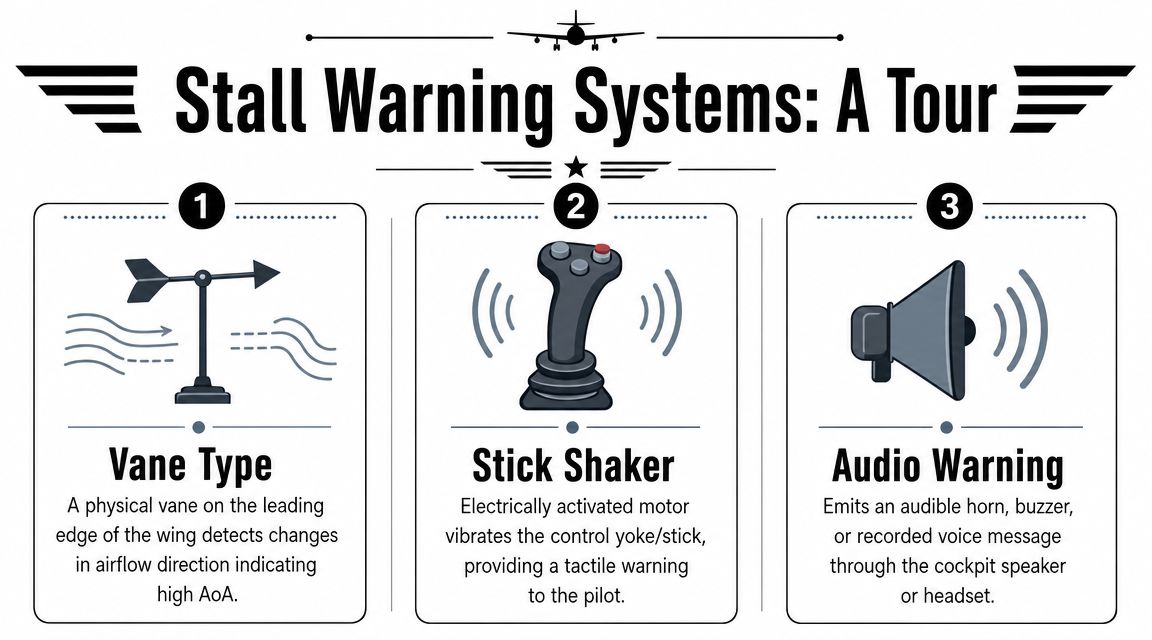 Aircraft Stall Warning Systems: Your Essential Guide 3 A visual guide explaining three types of aircraft stall warning systems: vane type, stick shaker, and audio warning.