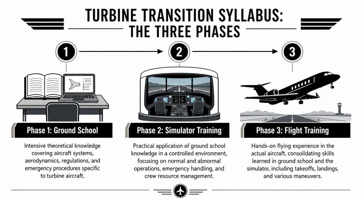 Turbine Transition Training: Your 2026 Guide 3 A three-phase syllabus graphic illustrating the turbine transition training process for pilots, from ground school to flight.