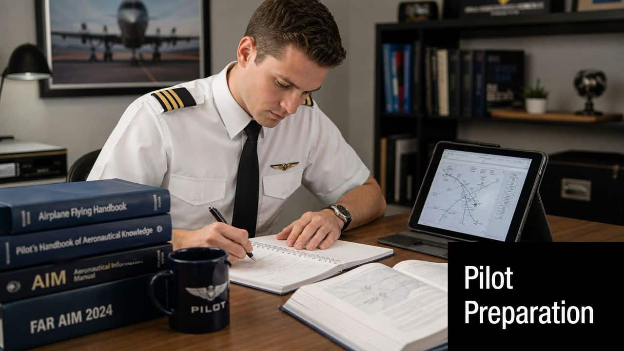Turbine Transition Training: Your 2026 Guide 2 A professional pilot studying aviation manuals and flight charts at a desk while taking notes.