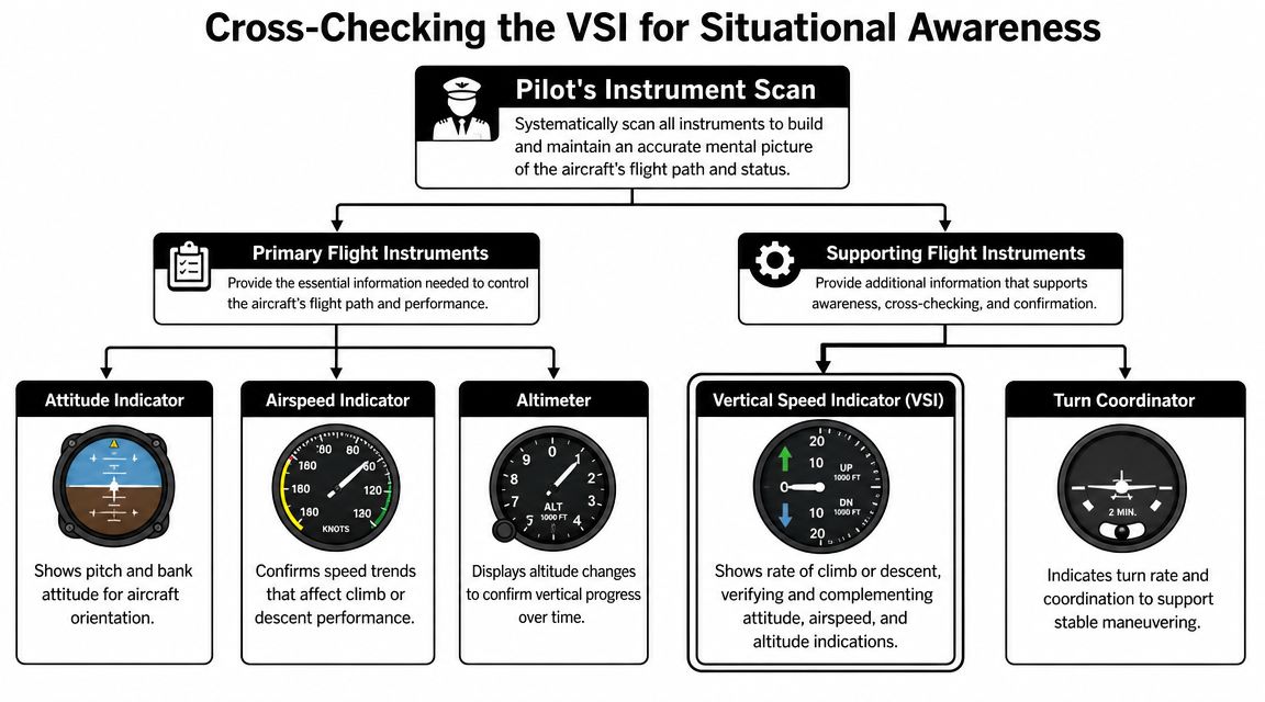 Vertical Speed Indicator: Techniques for Pilots 4 A diagram illustrating the pilot's instrument scan with primary and supporting flight instruments for situational awareness.