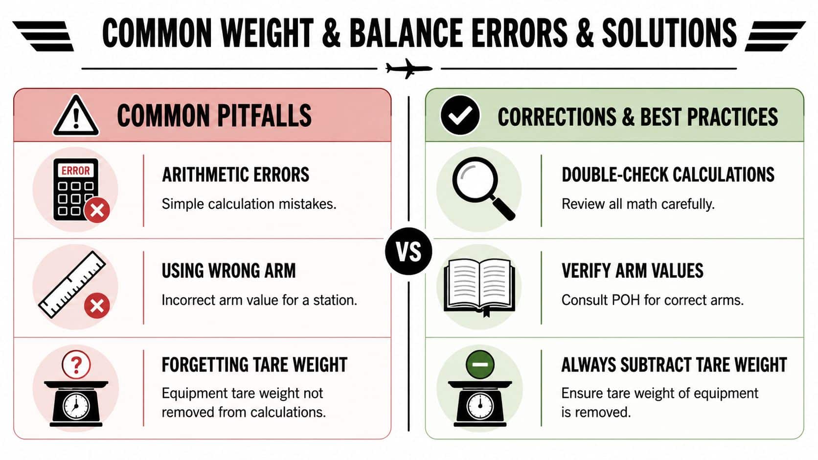 Mastering the Weight and Balance Form: A Pilot's Guide 4 A comparison chart outlining common weight and balance errors in aviation and their recommended corrective practices.