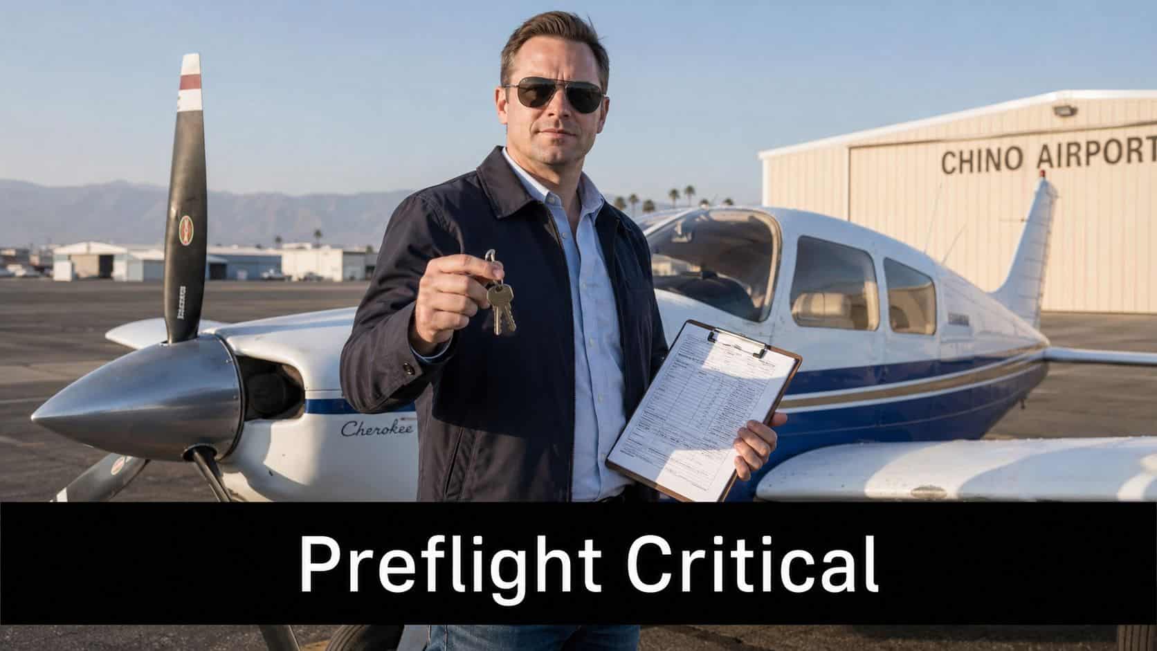 Mastering the Weight and Balance Form: A Pilot's Guide 2 A pilot holding keys and a weight and balance form in front of a parked private aircraft.