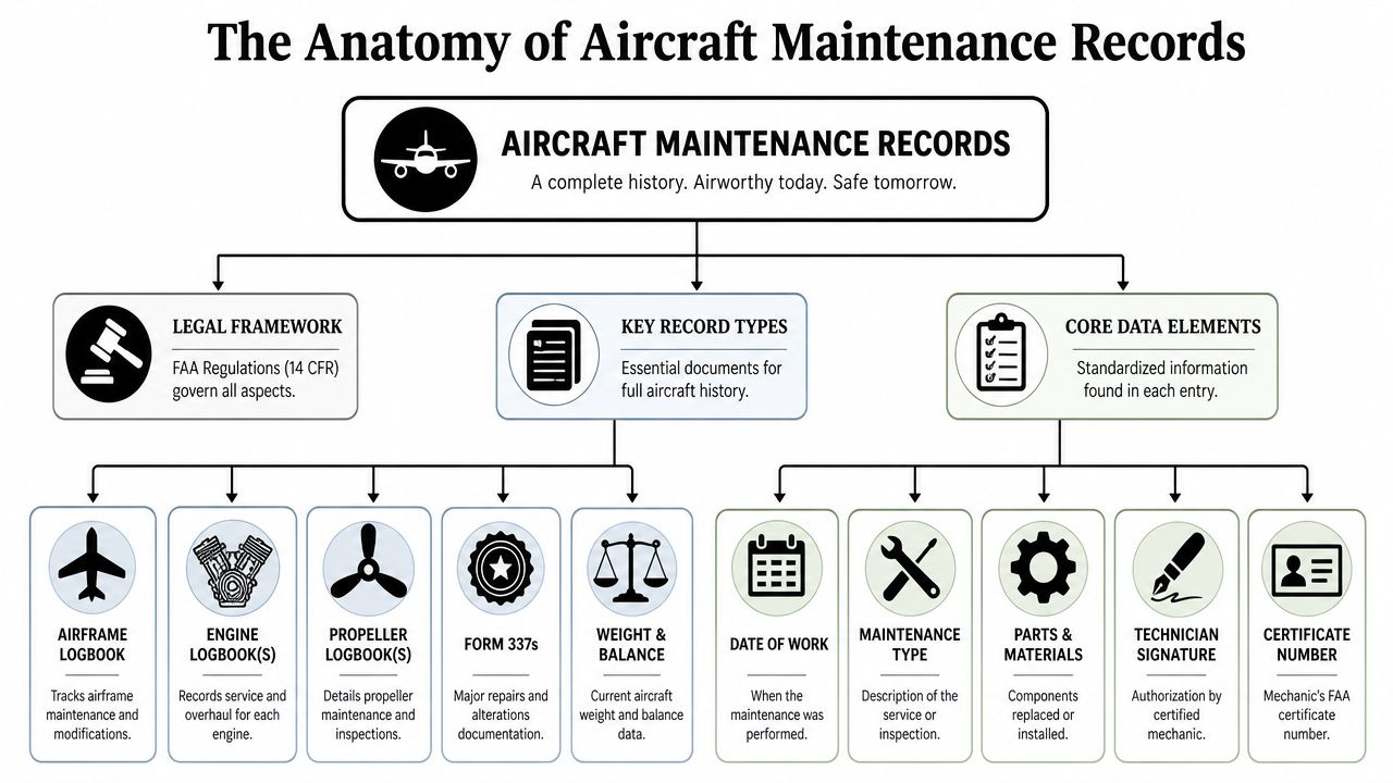 Aircraft Maintenance Records: A Buyer's & Renter's Guide 2 An infographic titled The Anatomy of Aircraft Maintenance Records showing the legal framework, document types, and data elements.