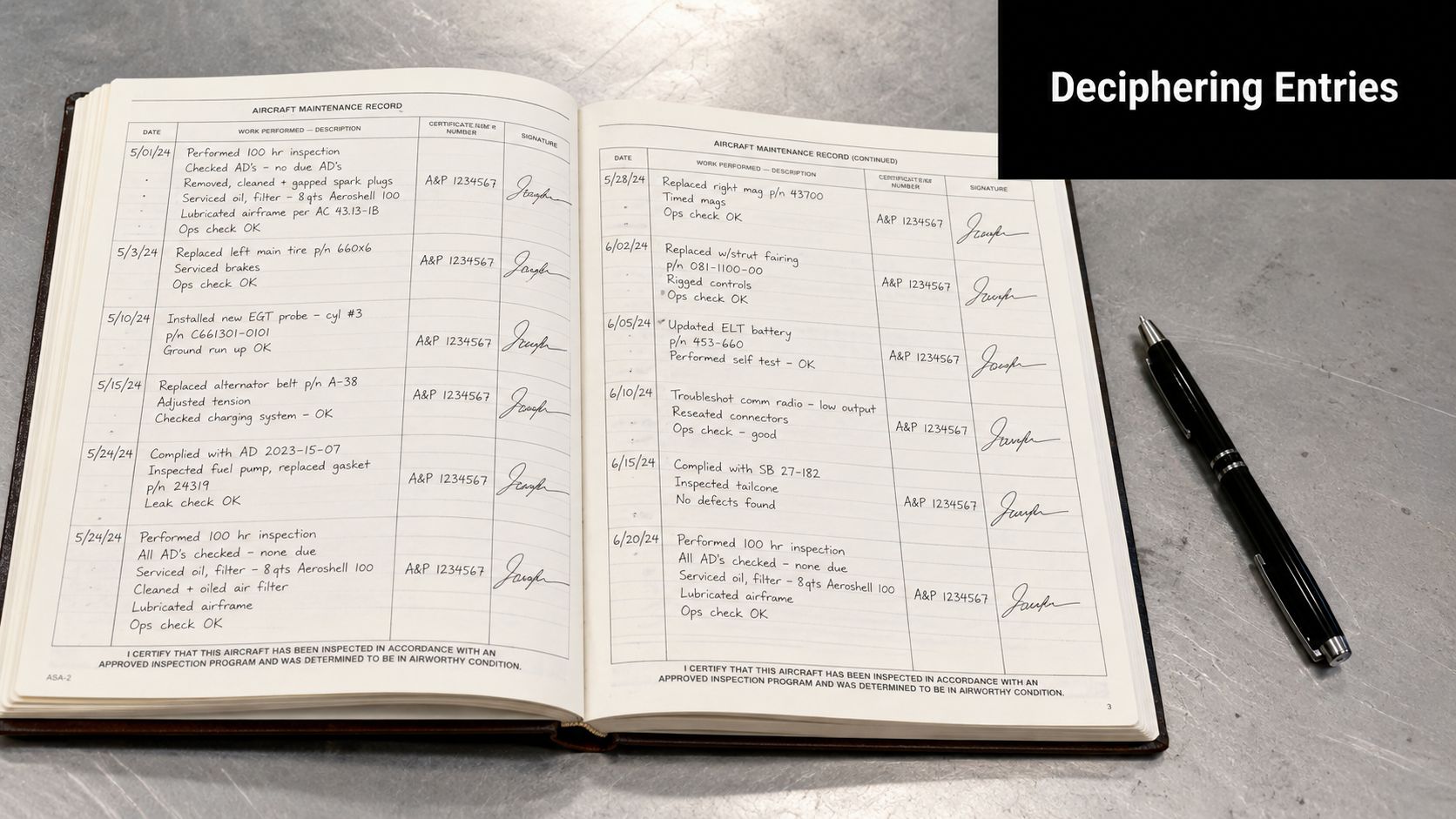 Aircraft Maintenance Records: A Buyer's & Renter's Guide 3 An open aircraft maintenance logbook displaying handwritten service entries and technical details on desk with a pen.
