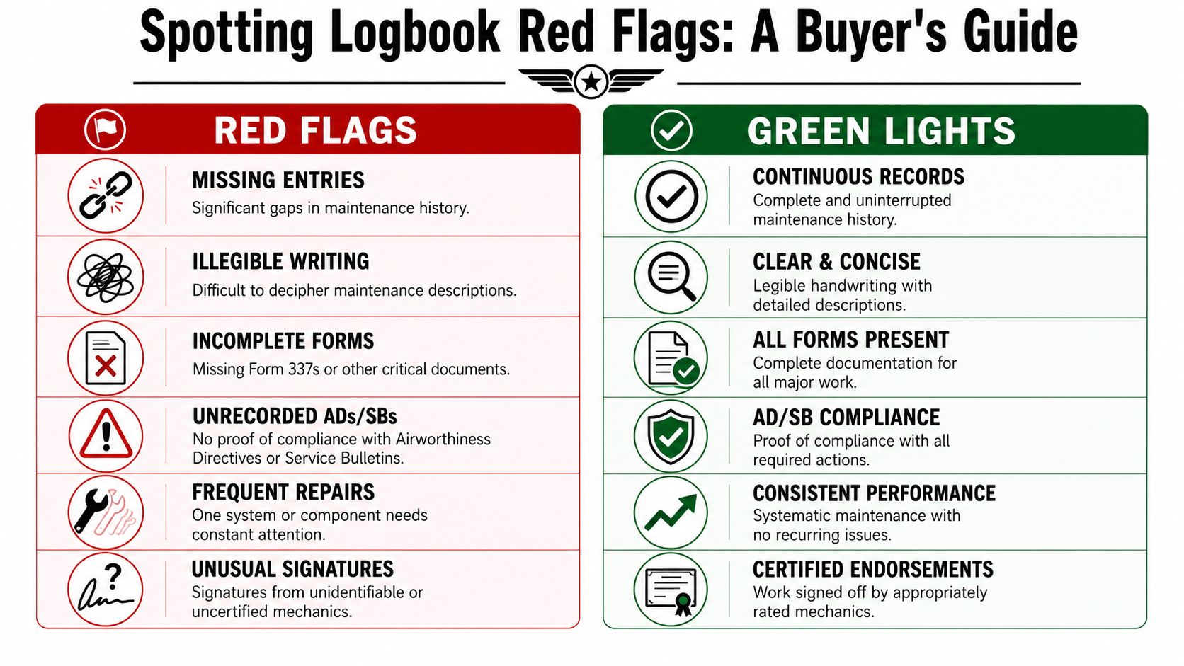 Aircraft Maintenance Records: A Buyer's & Renter's Guide 4 A comparison chart outlining red flags and green lights when inspecting aircraft maintenance records for buyers.