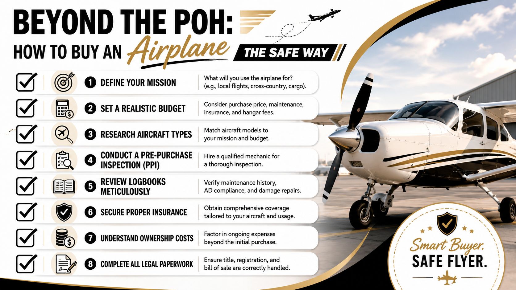 A Pilot's Guide to Aircraft Performance Charts 5 An infographic detailing eight steps to buying an airplane safely, presented as a checklist for aircraft buyers.