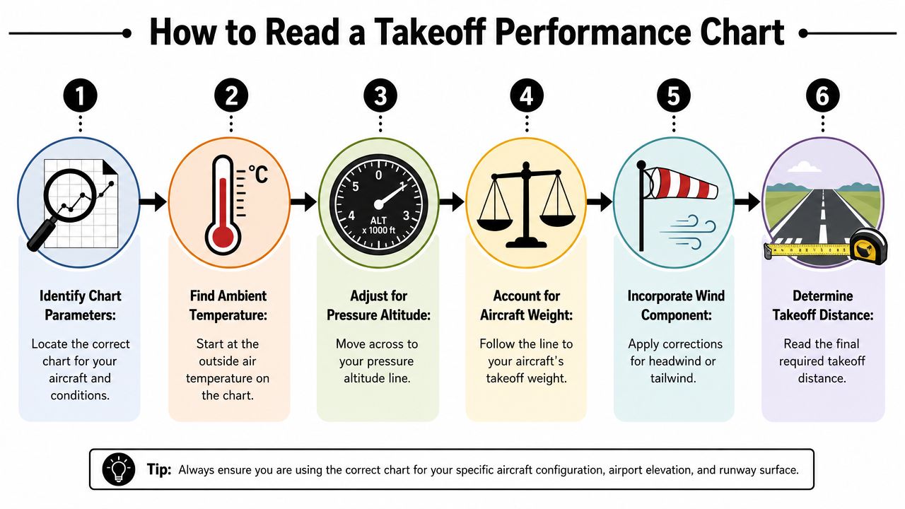 A Pilot's Guide to Aircraft Performance Charts 3 A six-step infographic explaining the process for reading and calculating aircraft takeoff performance charts correctly.
