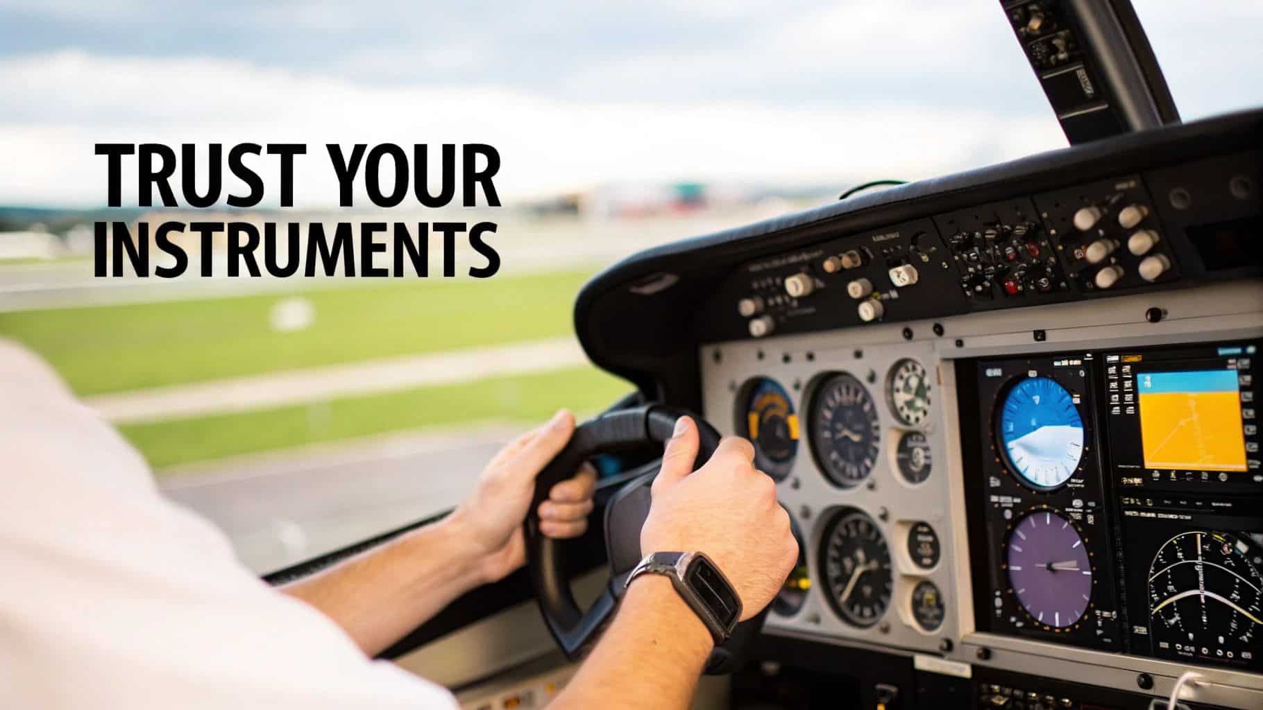 How to Become a Commercial Pilot in Southern California 4 A pilot in a cockpit, hands on the yoke, with flight instruments and a runway visible outside.
