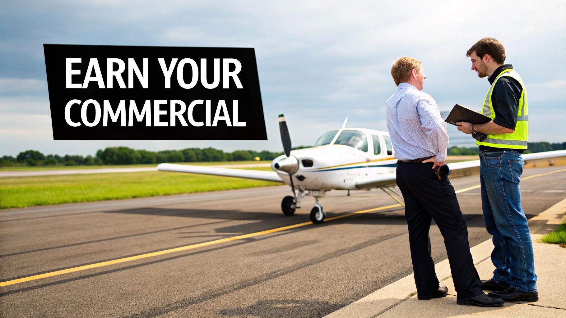 How to Become a Commercial Pilot in Southern California 5 Two men, one a pilot instructor, discuss by a small airplane on an airfield with 'EARN YOUR COMMERCIAL' text.