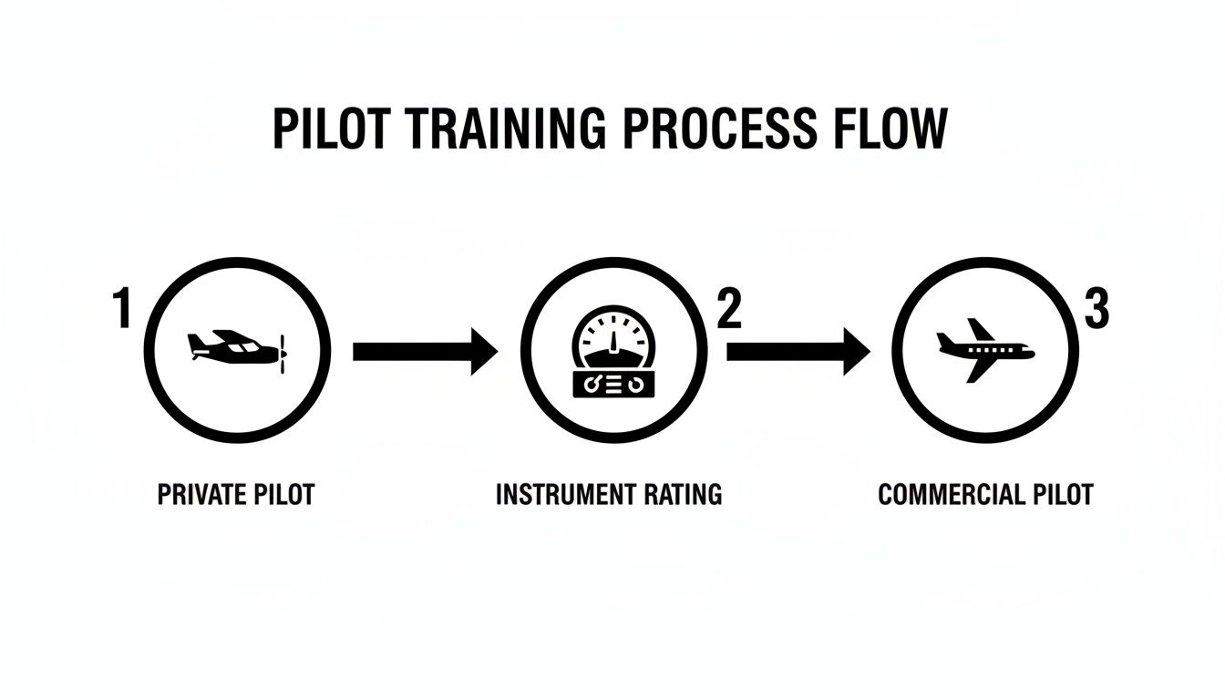 How to Become a Commercial Pilot in Southern California 2 A diagram illustrating the pilot training process flow, from private pilot to commercial pilot certification.