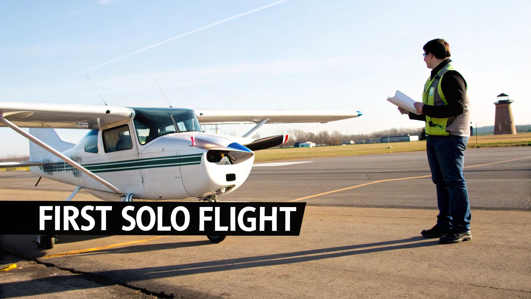 How to Become a Commercial Pilot in Southern California 3 A person in a reflective vest stands next to a small airplane on an airfield, with text 'FIRST SOLO FLIGHT'.
