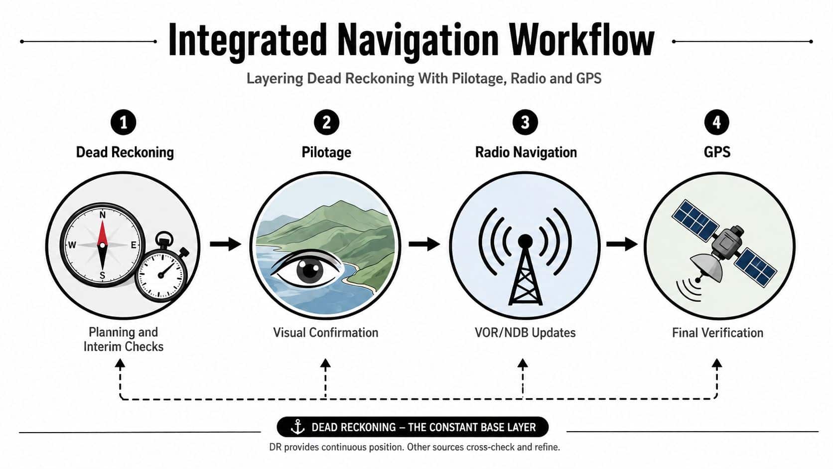 Dead Reckoning Navigation: A Pilot's Practical Guide 3 A diagram illustrating an integrated navigation workflow using dead reckoning, pilotage, radio navigation, and GPS.