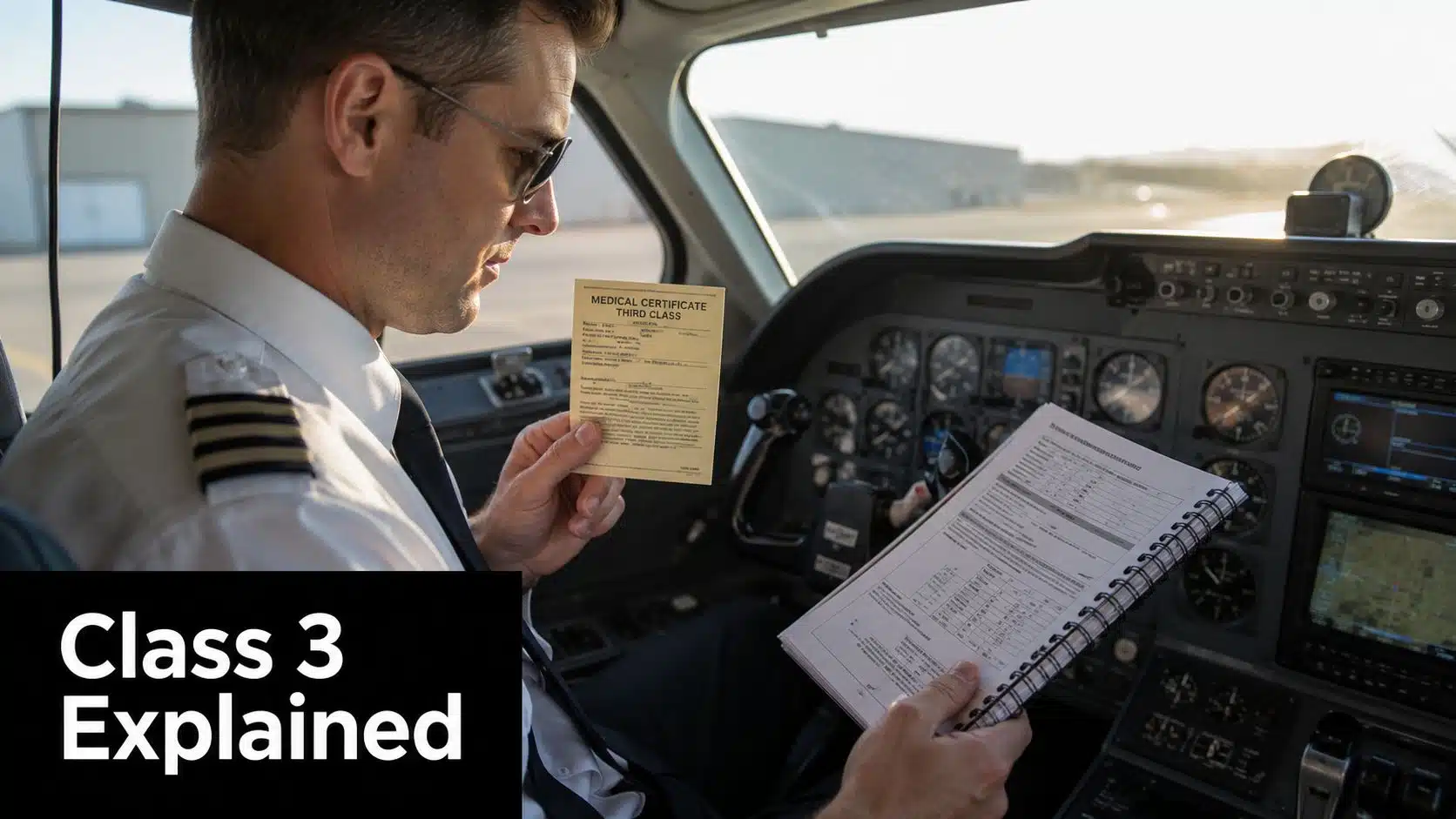 FAA Class 3 Medical Requirements: A Pilot's Guide 2 A pilot sitting in a cockpit holding a third class medical certificate and a flight logbook.