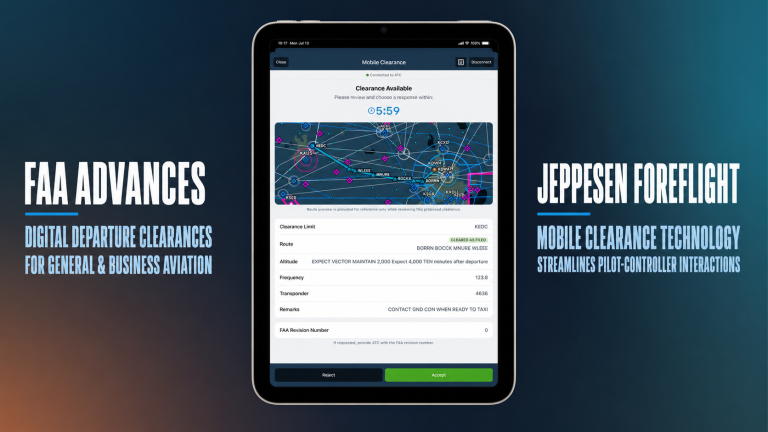 FAA and Jeppesen ForeFlight Mobile Clearance headlines beside the iPad clearance interface