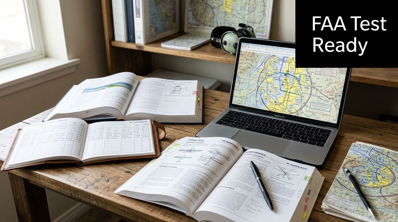 Find FAA Knowledge Test Locations: Your 2026 Guide 2 A wooden desk featuring an open aviation textbook, a pilot logbook, and a laptop displaying flight charts.