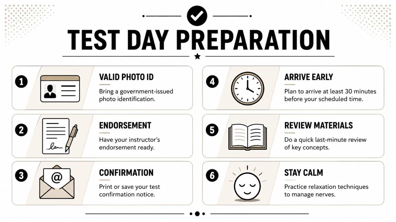 Find FAA Knowledge Test Locations: Your 2026 Guide 5 An infographic titled Test Day Preparation outlining six essential steps for candidates taking a professional examination.