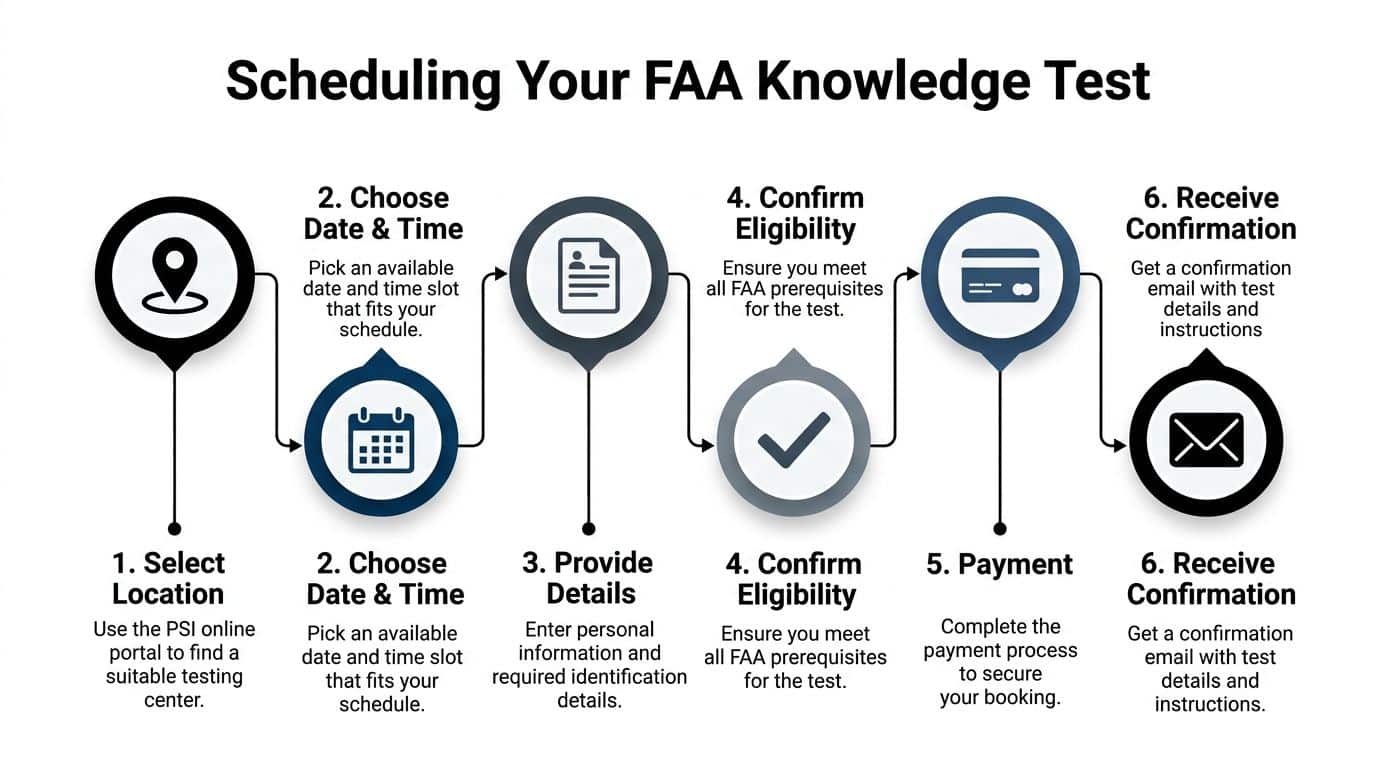 Find FAA Knowledge Test Locations: Your 2026 Guide 4 A six-step infographic showing the process for scheduling an FAA knowledge test at a testing center.