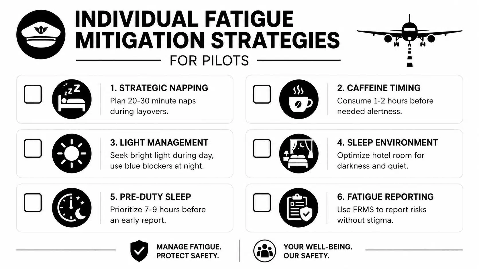 Fatigue in Aviation: Pilot Risks & 2026 Safety Guide 5 An infographic titled Individual Fatigue Mitigation Strategies for Pilots detailing six actionable tips for managing pilot exhaustion.