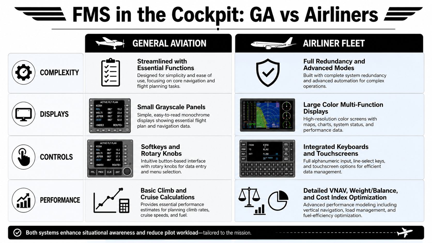 Flight Management Systems: Pilot's Essential Guide 4 A comparison infographic detailing the differences between flight management systems for general aviation aircraft and airline fleets.