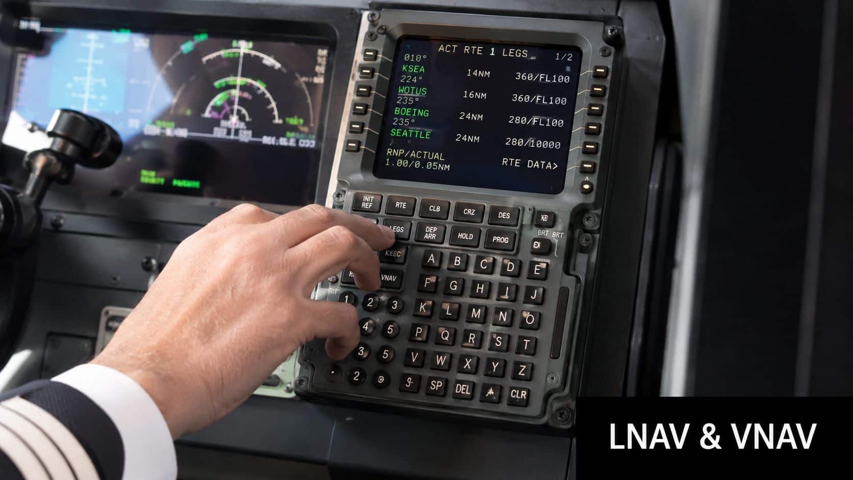 Flight Management Systems: Pilot's Essential Guide 3 A pilot's hand inputs navigation data into the aircraft's Flight Management System computer interface during flight.
