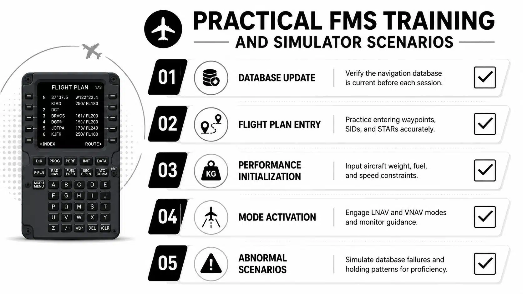 Flight Management Systems: Pilot's Essential Guide 5 A training guide infographic outlining five essential steps for mastering flight management systems in aircraft simulators.