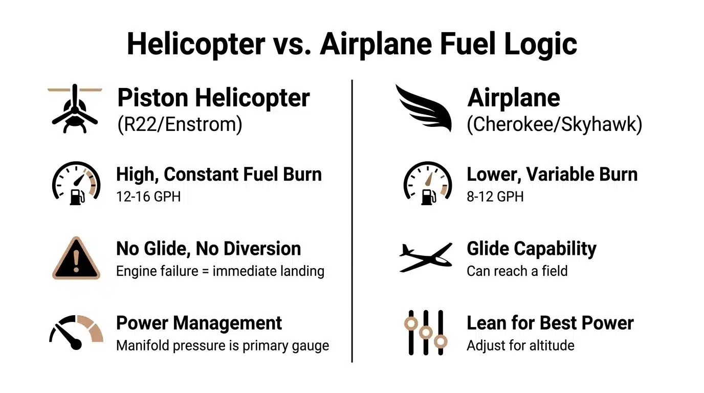 Fuel Management Strategies Every Pilot Should Master 4 A comparison chart showing fuel logic differences between piston helicopters and airplanes, highlighting consumption, glide, and management.