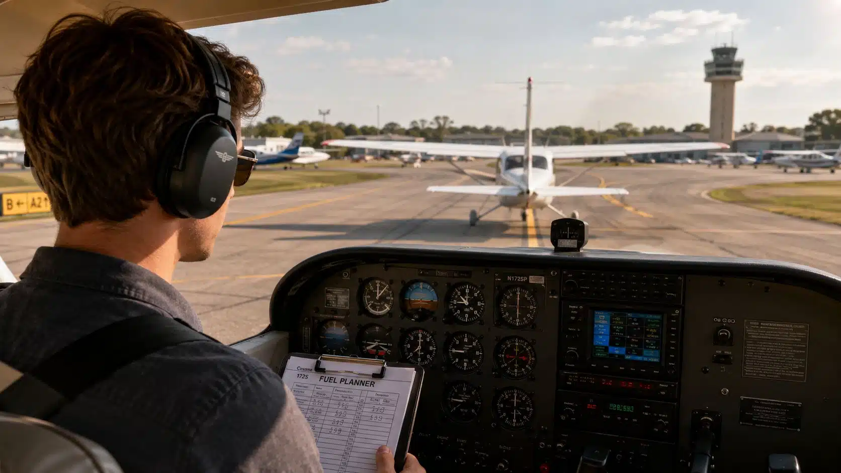 Fuel Management Strategies Every Pilot Should Master 2 A pilot inside a cockpit reviewing fuel management documentation while taxiing an airplane on the tarmac.