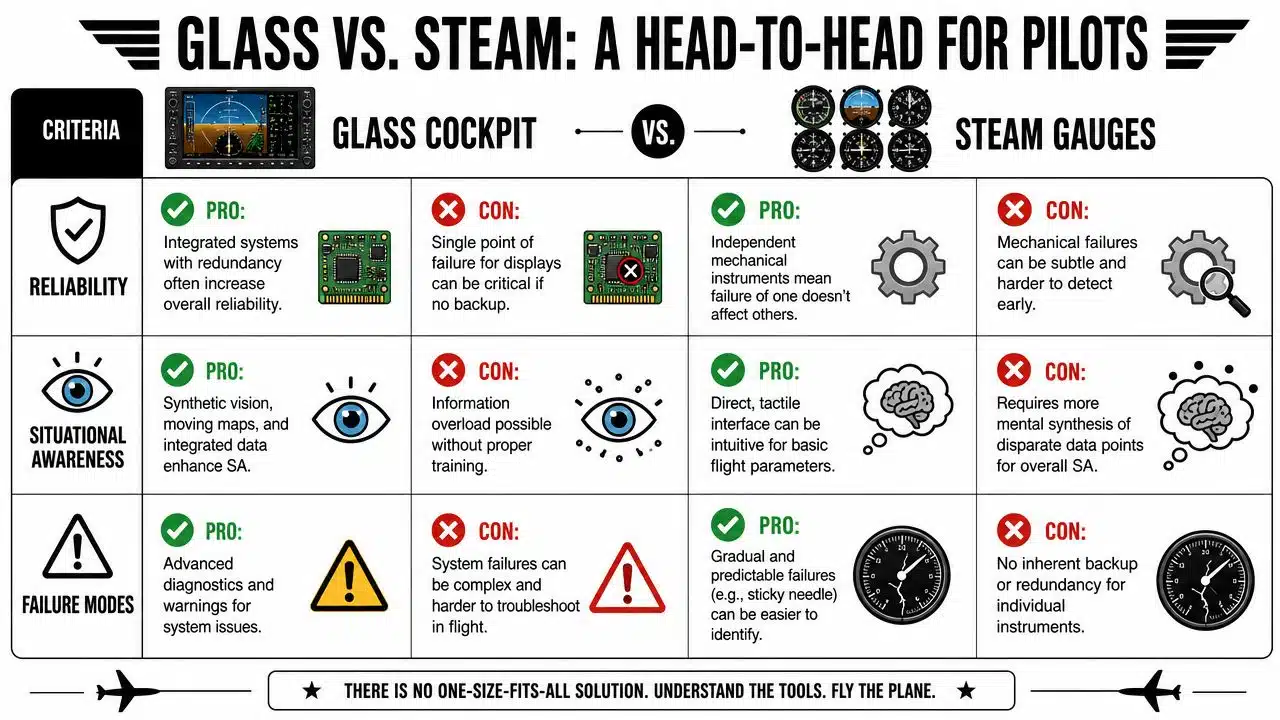 Glass Cockpit vs Steam Gauges: A Pilot's Guide for 2026 3 A comparison chart outlining the reliability, situational awareness, and failure modes of glass cockpit versus steam gauge avionics.