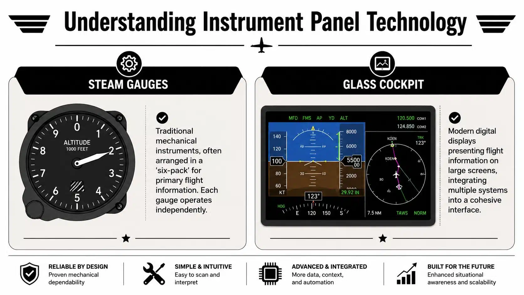 Glass Cockpit vs Steam Gauges: A Pilot's Guide for 2026 2 A comparison infographic between traditional mechanical steam gauge aircraft instruments and modern digital glass cockpit displays.