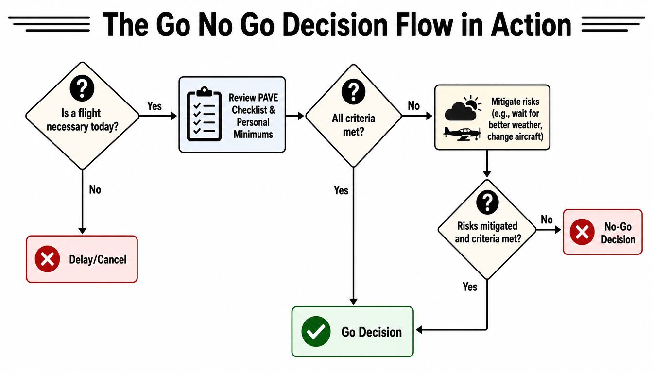 Go No Go Criteria: Safer Flying Decisions 4 A flowchart titled The Go No Go Decision Flow in Action for pilot flight planning safety.