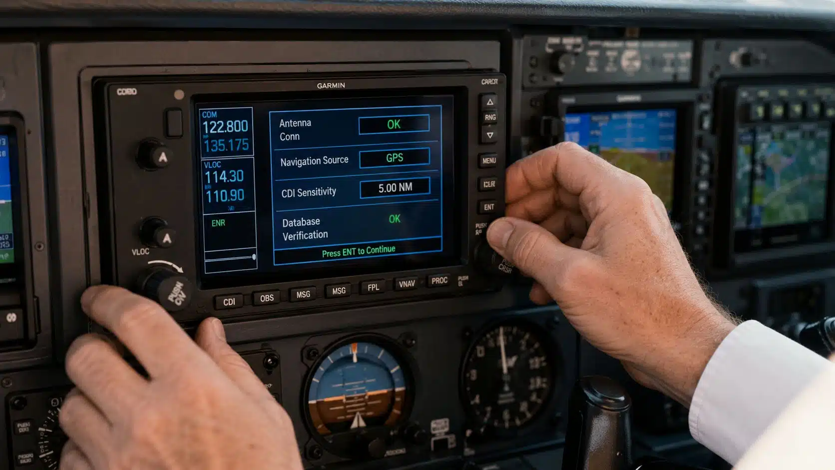 Master GPS Navigation Training in Small Aircraft 3 A pilot adjusting the settings on a Garmin cockpit navigation display during flight training in an aircraft.